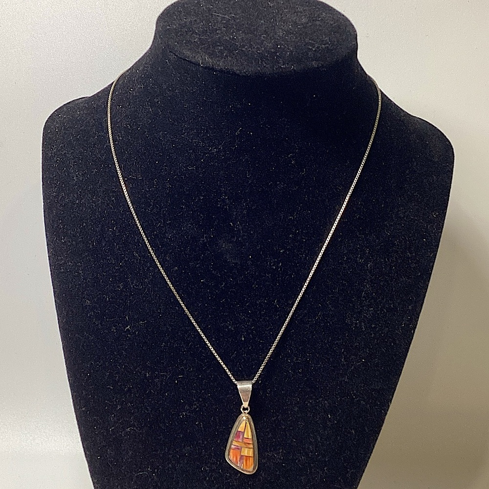 Vintage Native Signed Spiny Oyster Pendant on Sterling Silver Chain